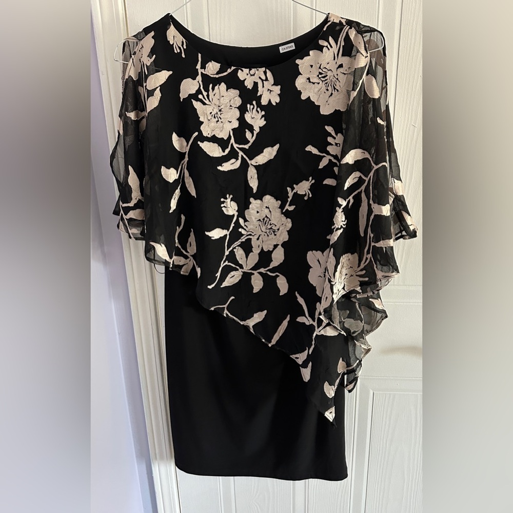 Scarlett Black Dress with Cream Floral Asymmetrical Overlay